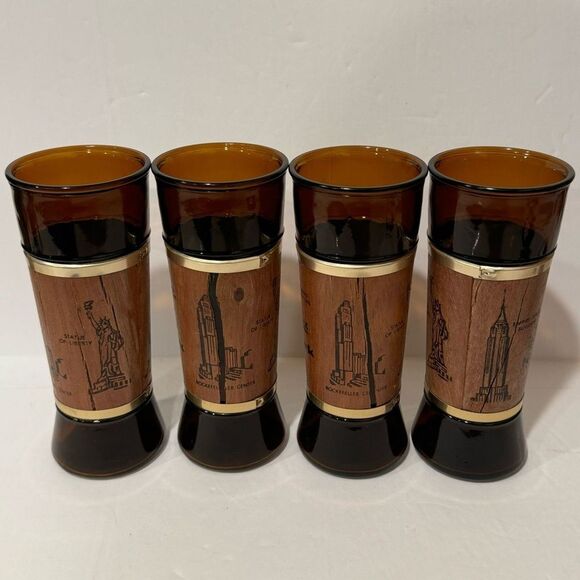 Set of 4 Vintage Siesta Ware New York City Glasses with Walnut Wood Jacket - Picture 8 of 9